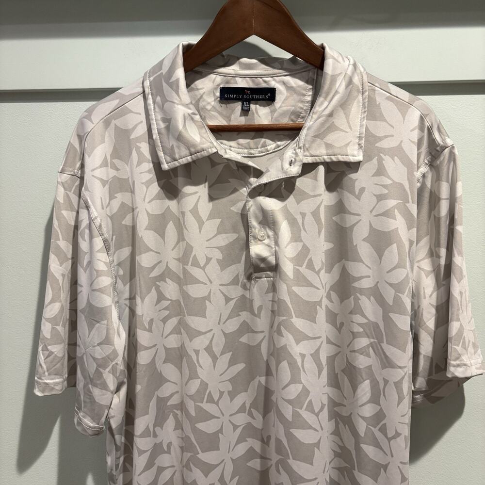 Simply Southern Polo Shirt Men‎ Sz XL Gray Cream Floral Leaf Print Beach Resort